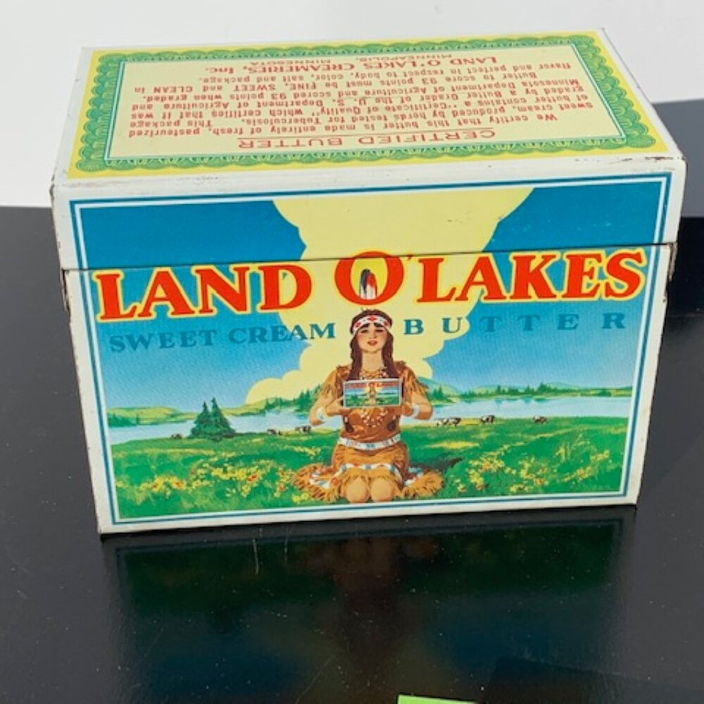 # 3333 LAND OF LAKES RECIPE BOX VINTAGE  VINTAGE LAND OF LAKES METAL RECIPE BOX